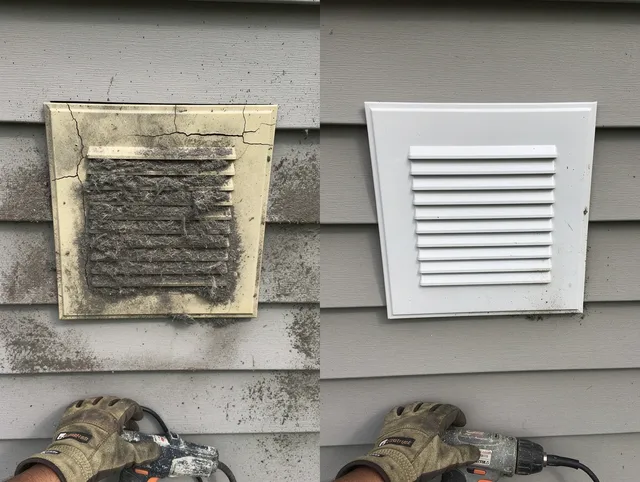Country Club Dryer Vent Cleaning technician installing high-quality dryer vent cover at a residential property in Country Club