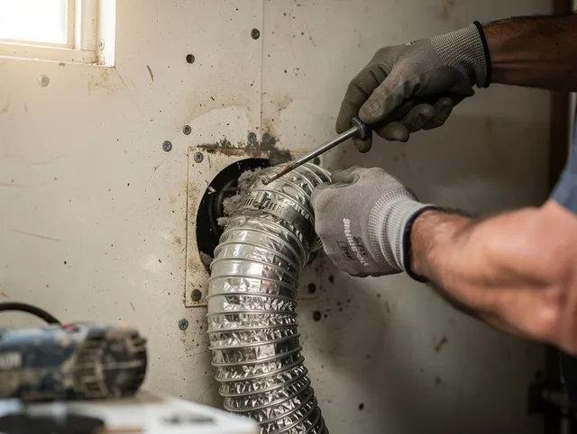 Country Club Dryer Vent Cleaning technician performing precise dryer vent hose installation in Country Club